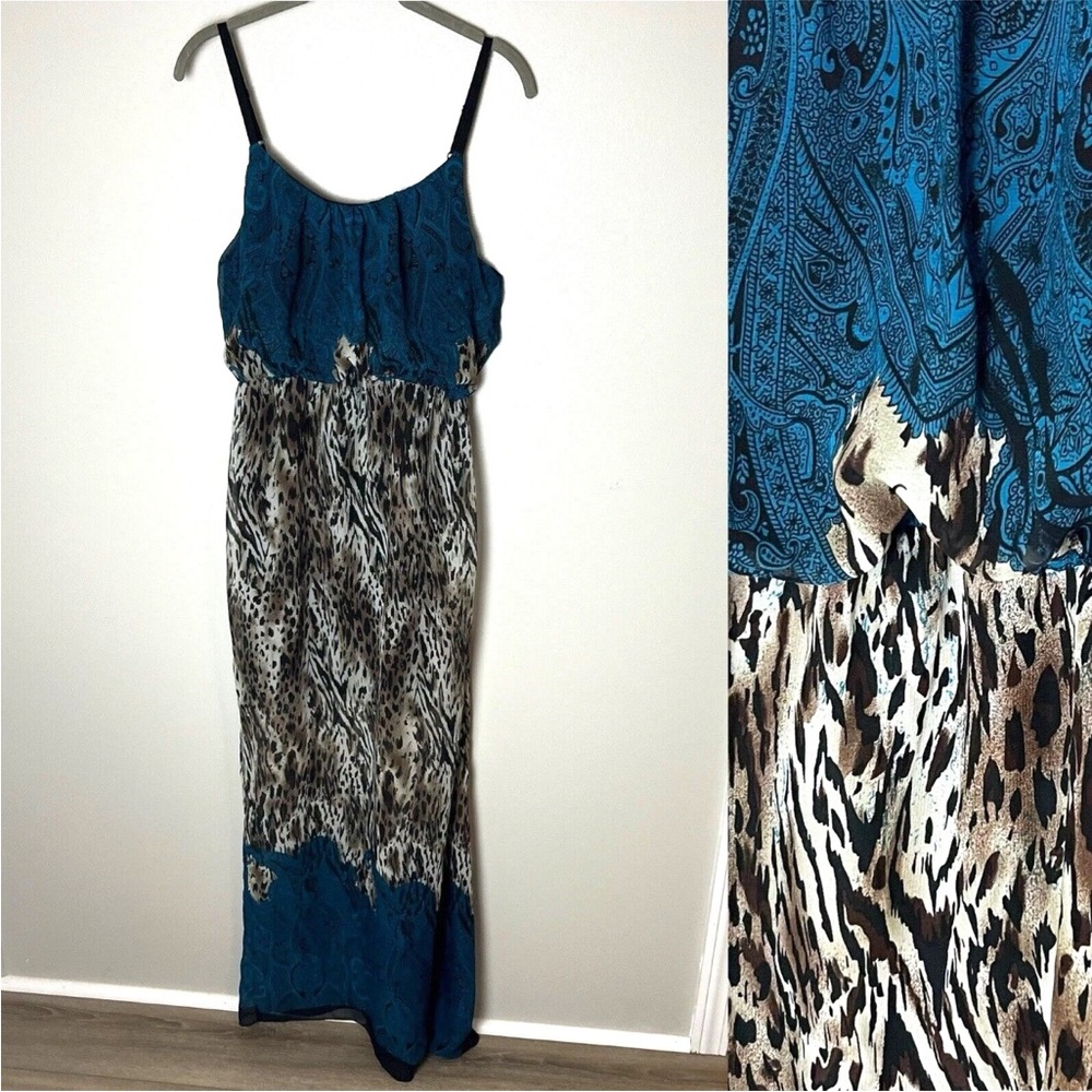 Bailey Blue Maxi Dress Size Medium Sleeveless Adjustable Straps Animal Print